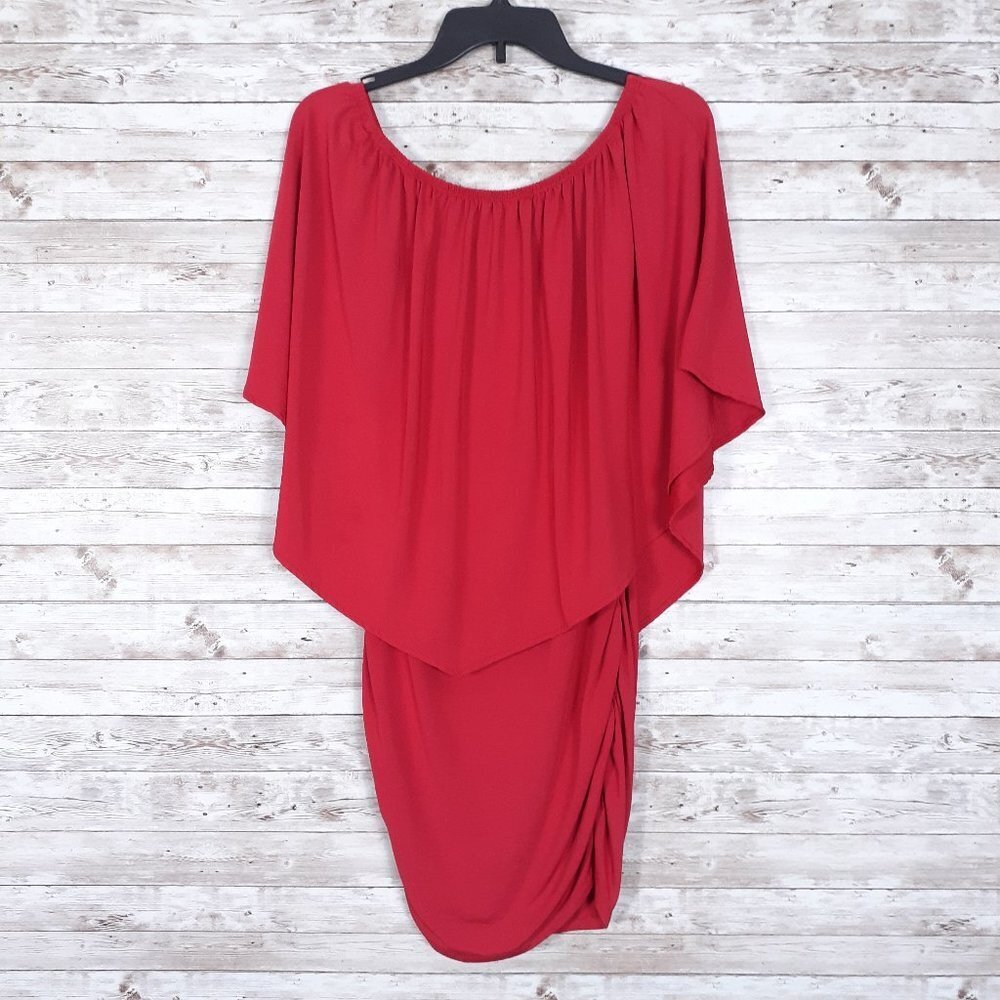 Sleeveless Cape Dress L Side Ruching On Off Shoulder Red 31